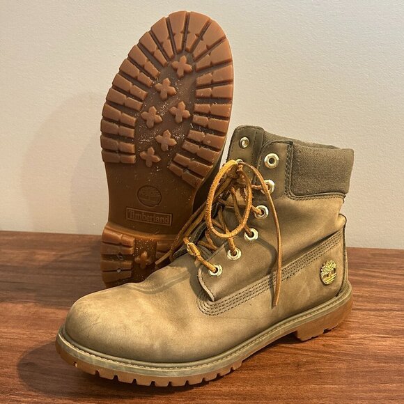 Timberland Premium 6” Women’s Boots‎ Sz 9 Khaki Leather Lace Up Combat Utility - Picture 2 of 8